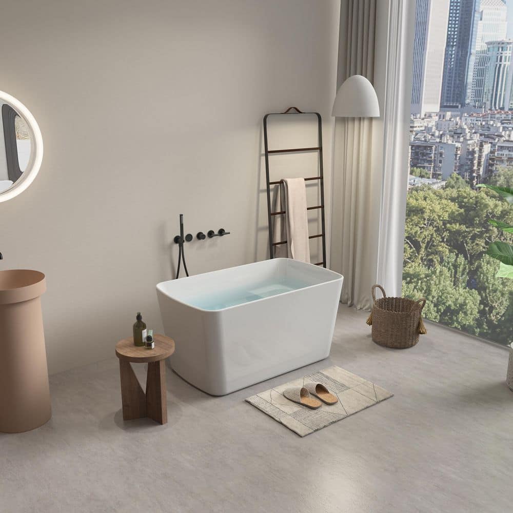Fieeay 49 in. x 28 in. Soaking Tub Acrylic Freestanding Soaking Bathtub Square-Shape Japanesein Glossy White (2)