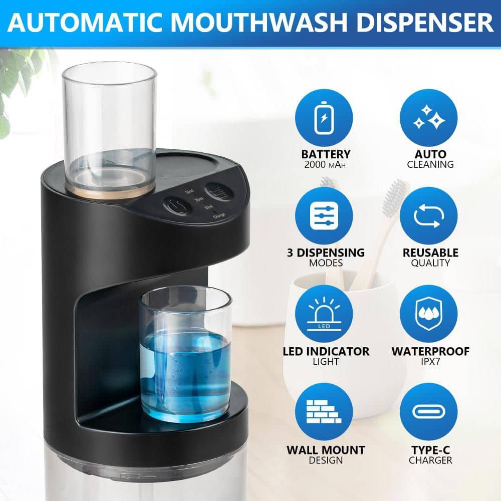 Numhew 19.4 oz. Automatic Mouthwash Dispenser for Bathroom with Magnetic Cups, Wall Mounted Dispenser, All Age Groups, Black (3)