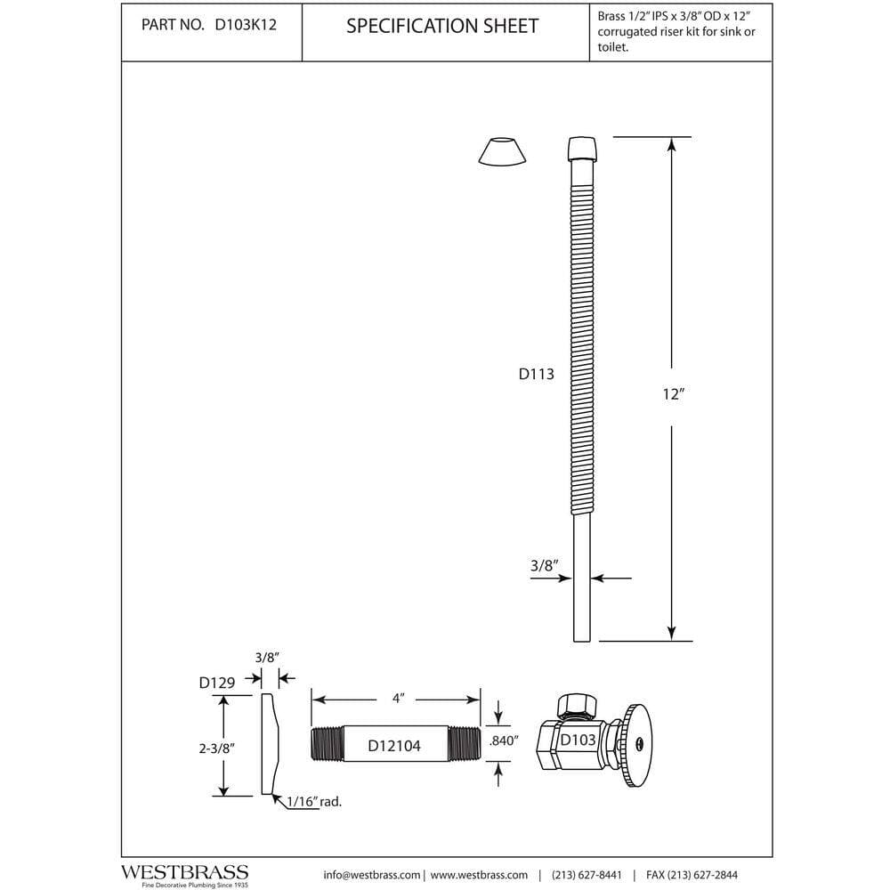 Westbrass 1/2 in. IPS 3/8 in. O.D. Compression Outlet Corrugated Supply Line Kit with Round Handle (2)