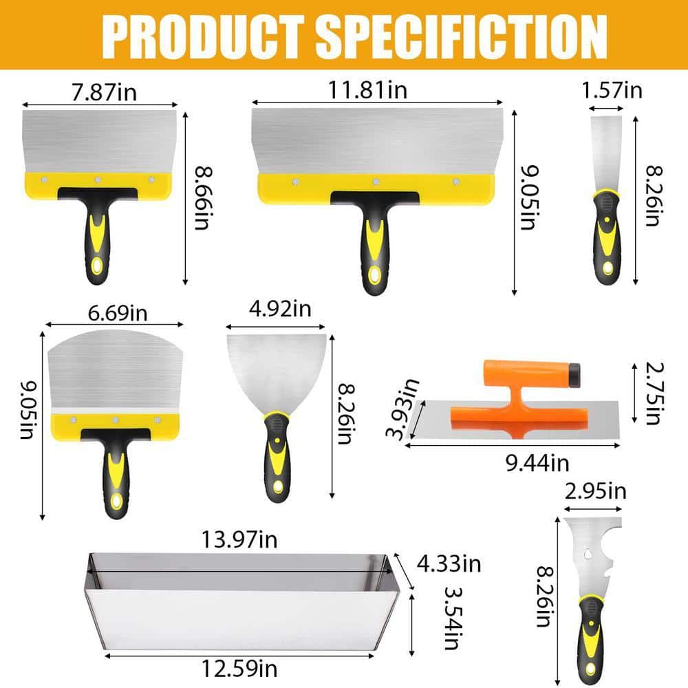 Dyiom 8 Pieces Stainless Steel Drywall Hand Tool Kit Includes Taping Knives, Putty Knife, Finishing Trowel, Mud Scoop (2)