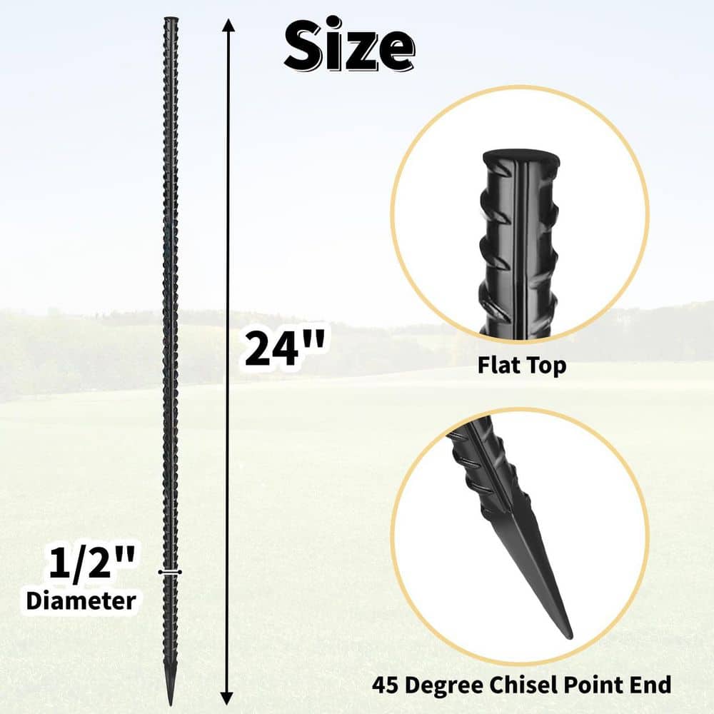 xinyoec 20-Pack 1/2 in. x 2 ft. Metal Straight Rebar Stakes with Chisel Point End, Ground Anchors for Landscape, Concrete Form (2)