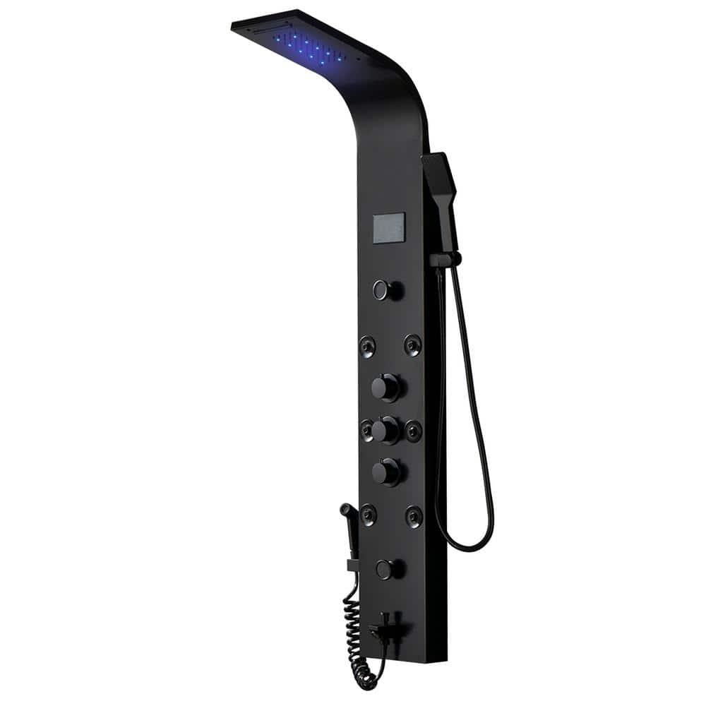 HOMEMYSTIQUE Dual 5-in-1 8-Jet Rainfall Shower Panel System with Waterfall Shower Head and Shower Wand With LED Light in Black (1)