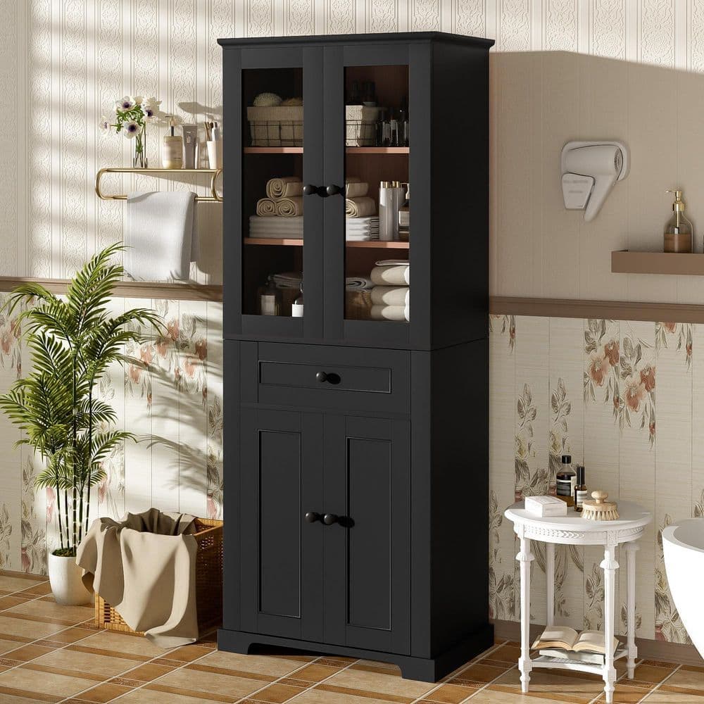 YSQCAR 24 in. W x 15.67 in. D x 67.5 in. H Black MDF Freestanding Linen Cabinet with Tempered Glass Doors, Adjustable Shelves (2)