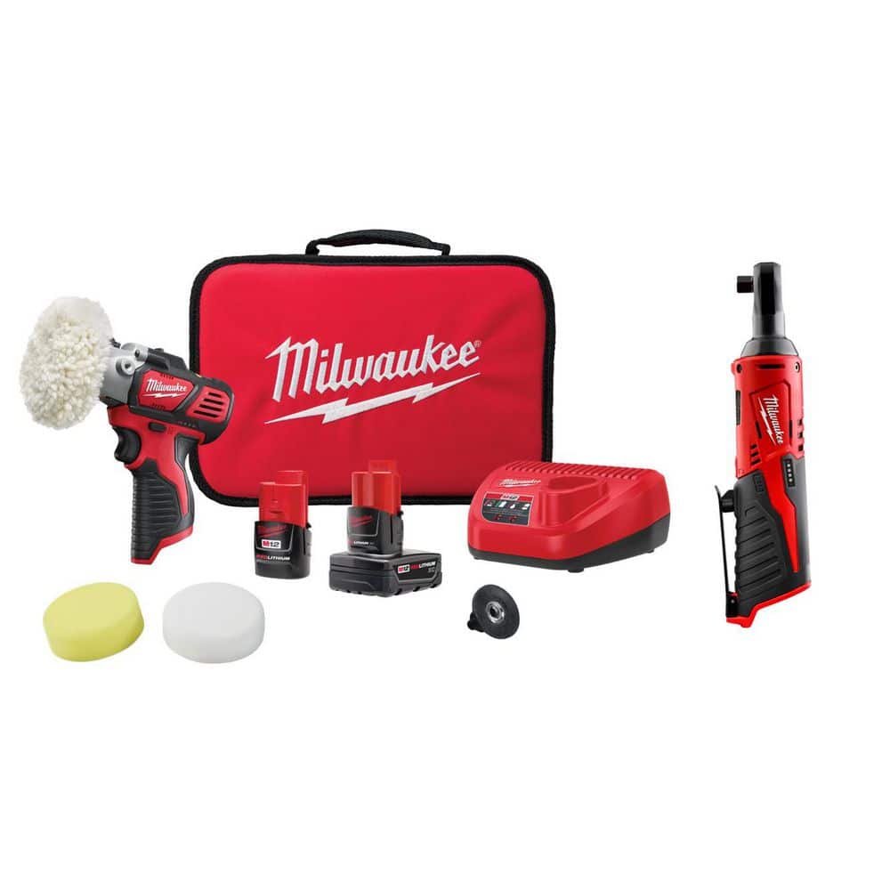 Milwaukee M12 12V Lithium-Ion Cordless Variable Speed Polisher/Sander Kit W/(2) M12 Batteries, Accessories, Charger, Bag,& Ratchet