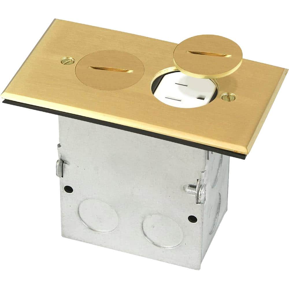NEWHOUSE ELECTRIC Floor Box Kit with Screw Caps, Electrical Box for Wood Sub-Flooring with 15 Amp TR Duplex Receptacle, Brass