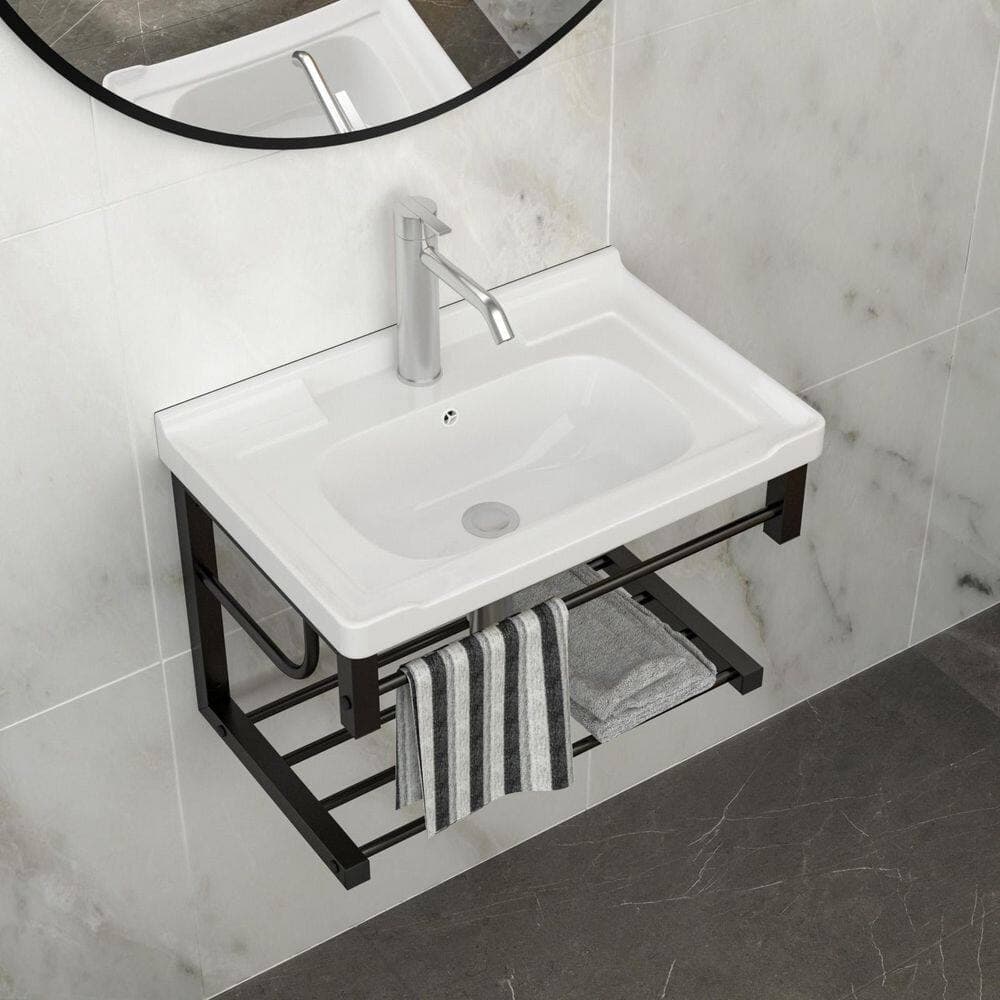 Tenleaf 23.75 in. x 15.75 in. x 8.75 in. Wall-Mounted Rectangular Ceramic Bathroom Sink in White with Black Towel Bar & Overflow (3)