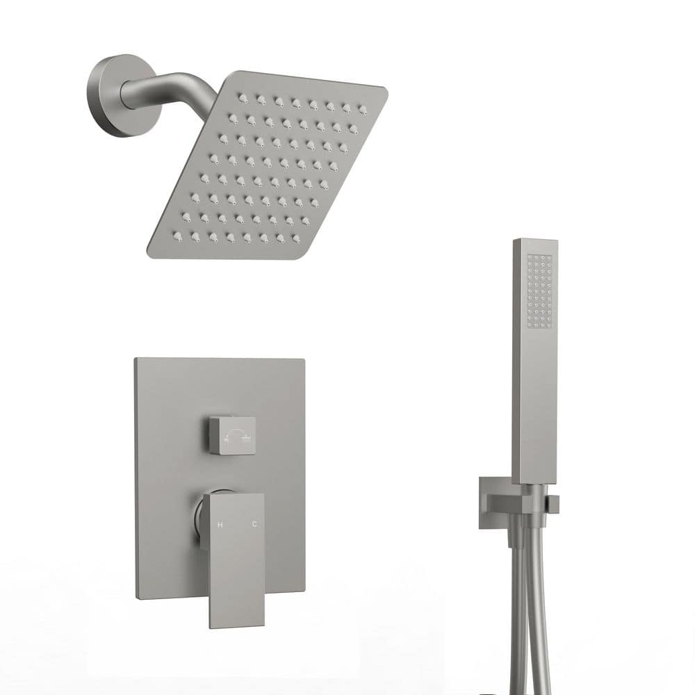YAWWALK 2-Handle 2-Spray Shower Faucet 2.5 GPM with Pressure Balance Valve, 6 in. Shower Head in Brushed Nickel (1)