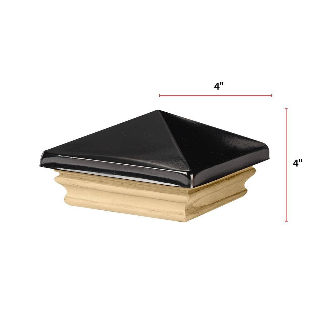 Waddell Black Pyramid Post Cap - Fits 4 in. x 4 in. Nominal Posts - Aluminum Top with Pine Base - DIY Porch, Deck, Fence Decor (2)