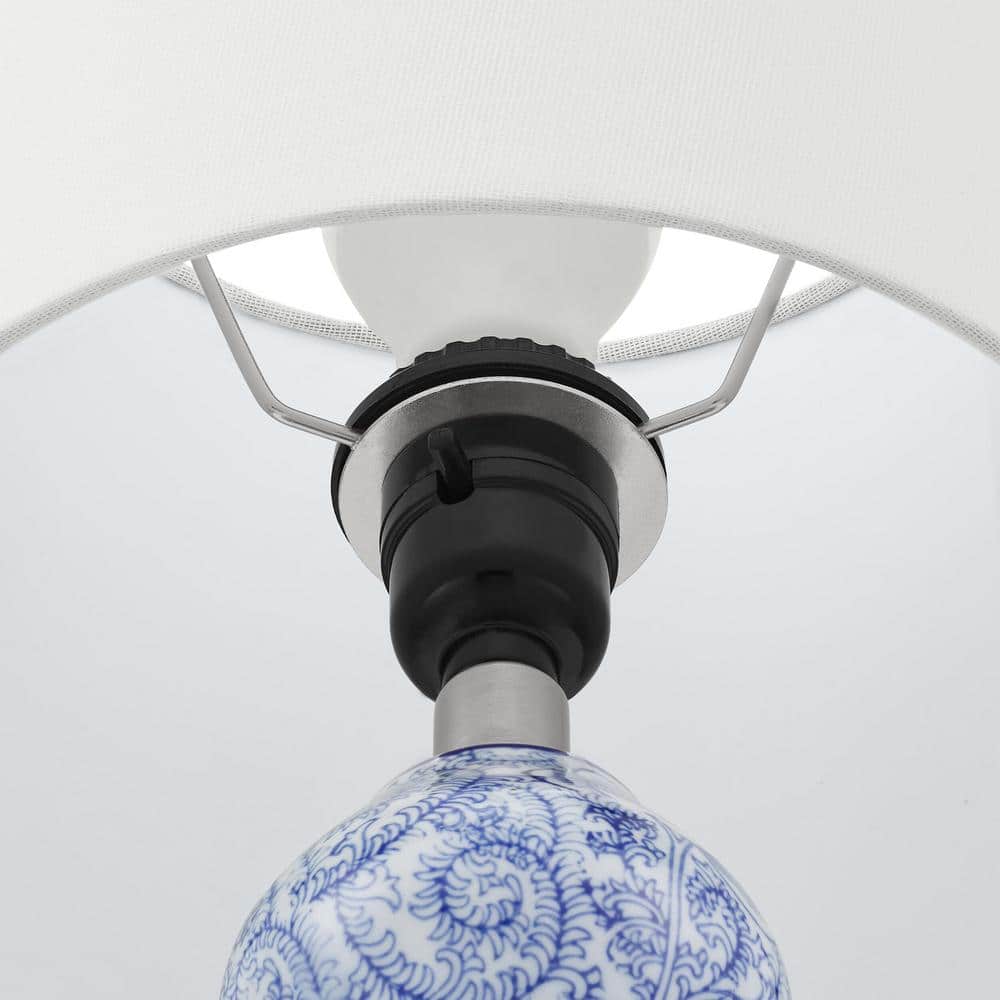 Hampton Bay 15 .75 in. Blue Floral Ceramic Table Lamp with White Fabric Shade (3)