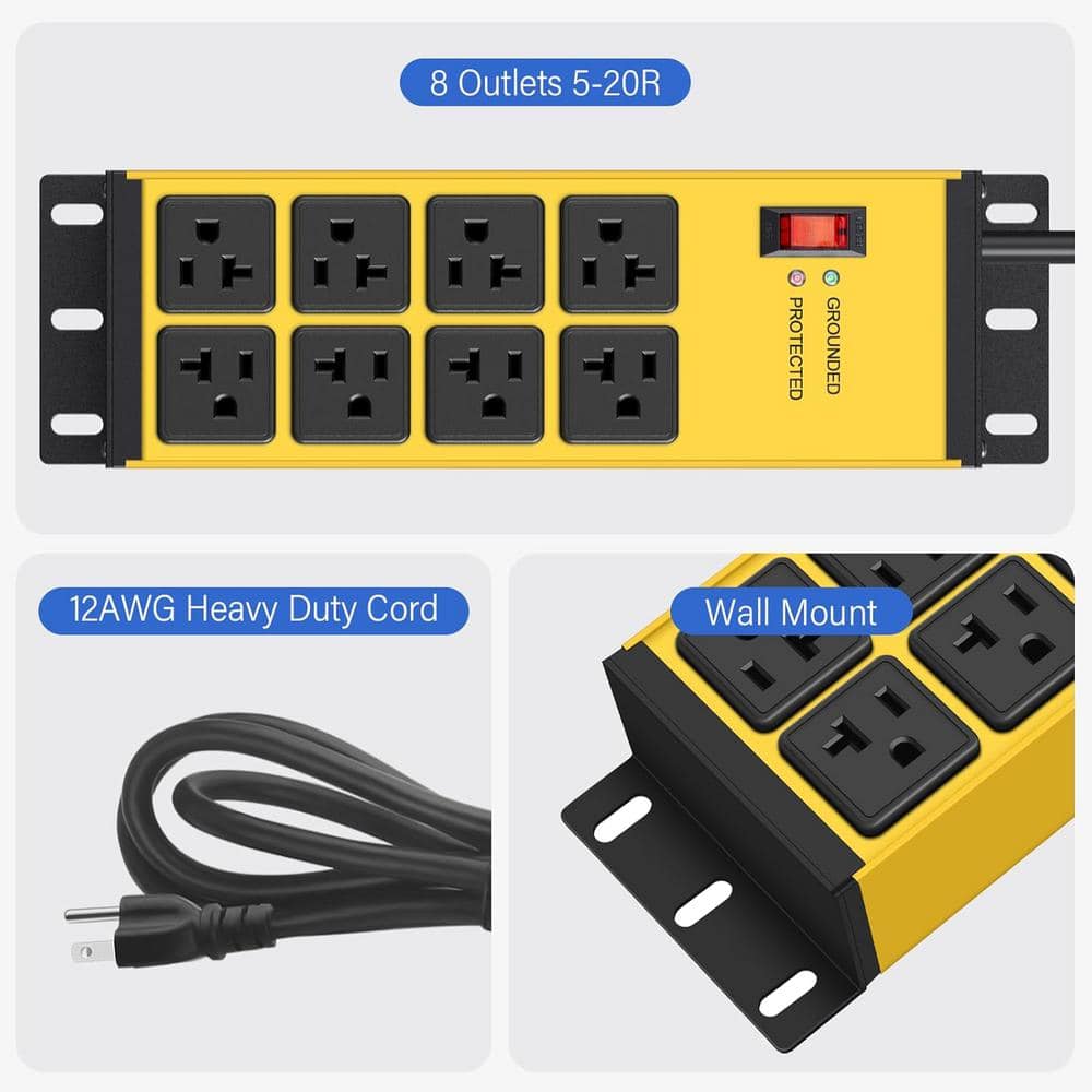 Yichuhaoxi Magnetic Power Strip Surge Protector 20Amp, 12 Gauge Extension-Outlets Wall Mount 8 Plug Metal Power Strip. 6FT, Yellow (3)