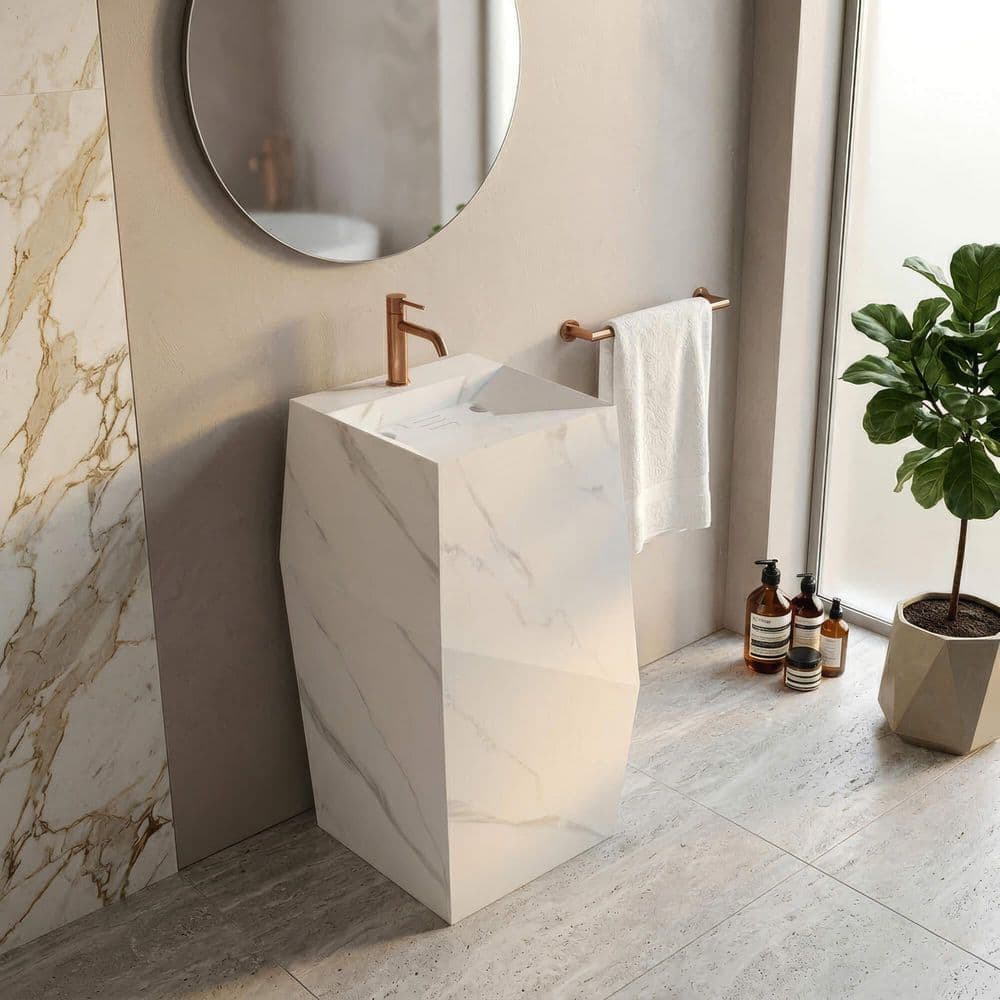 FINE FIXTURES Canyon 15 in. W x 15 in. L Luxury Composite Square Pedestal Sink and Basin Combo in White Carrara (1)
