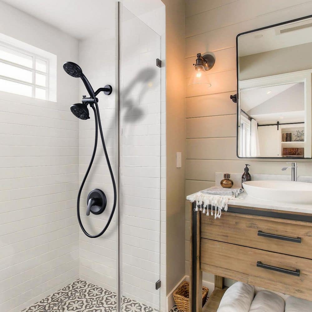 WOWOW Single Handle 7-Spray Patterns Shower Faucet 1.8 GPM with Handheld Shower in Matte Black (Valve Included) (3)