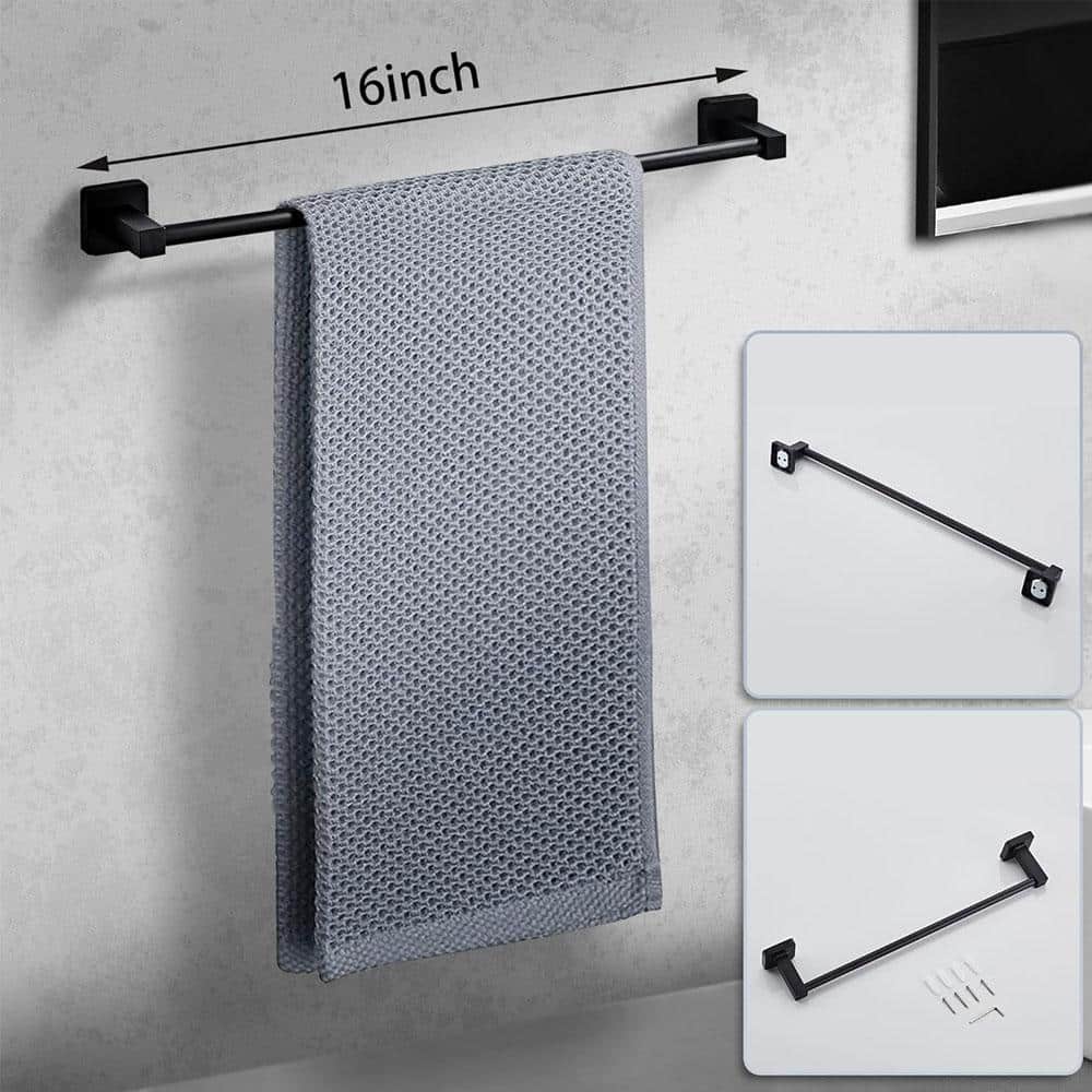 Adrinfly 4-Piece Matte Black Bathroom Hardware Set Wall Mounted with Towel Bar, Towel Ring, Robe Towel Hooks, Toilet Paper Holder (3)