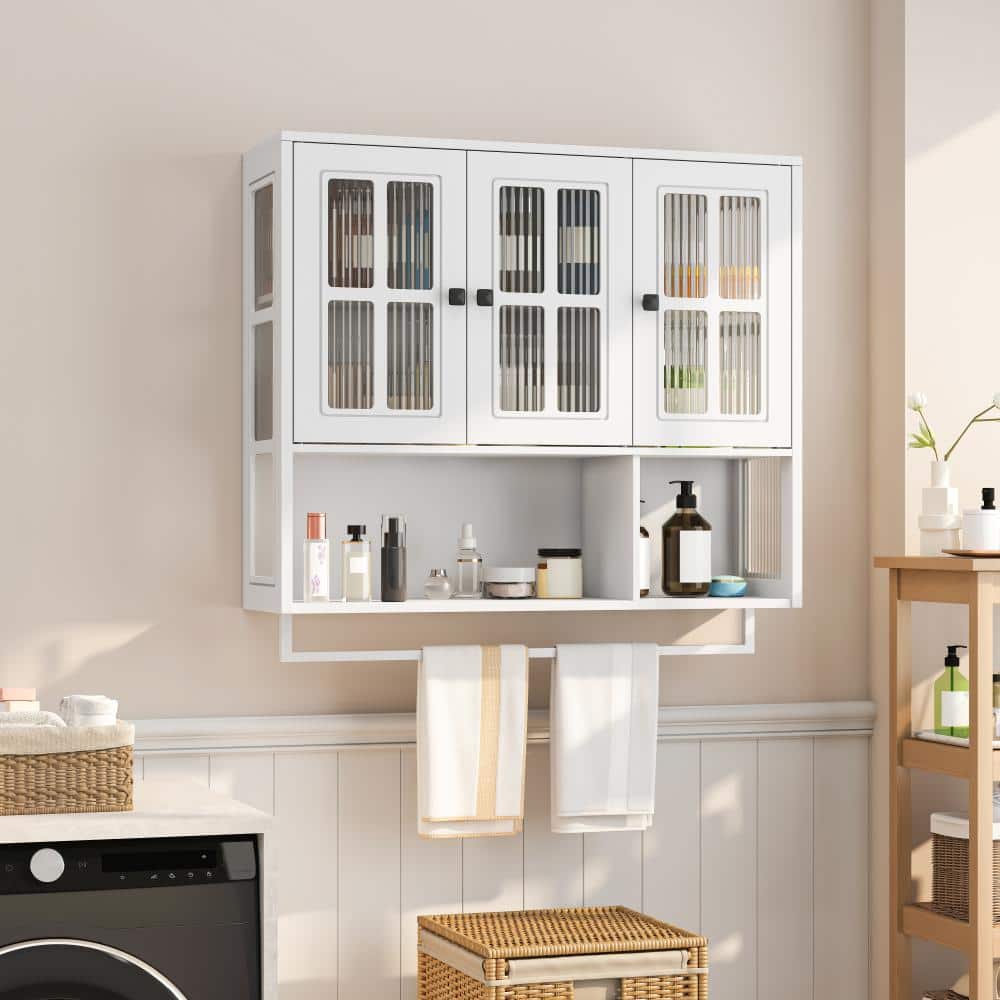 YSQCAR 34.65 in. W x 10.24 in. D x 32.48 in. H Bathroom Storage Wall Cabinet in White with Glass Door and Towel Bar (2)