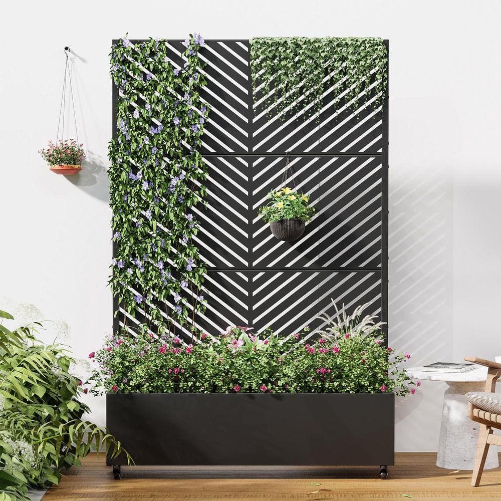 Lirago 72 in. H x 47 in. W Rectanglar Black Outdoor Metal Privacy Screen Planter Box Wall Decor in Parallel Pattern (1)