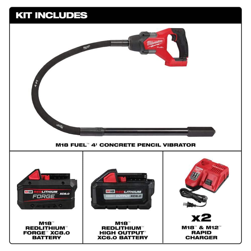 Milwaukee M18 FUEL 18V Lith-Ion Cordless 4 ft. Concrete Pencil Vibrator Kit w/ 6.0 Ah Battery w/ FORGE 8. 0Ah Battery & Charger (2)