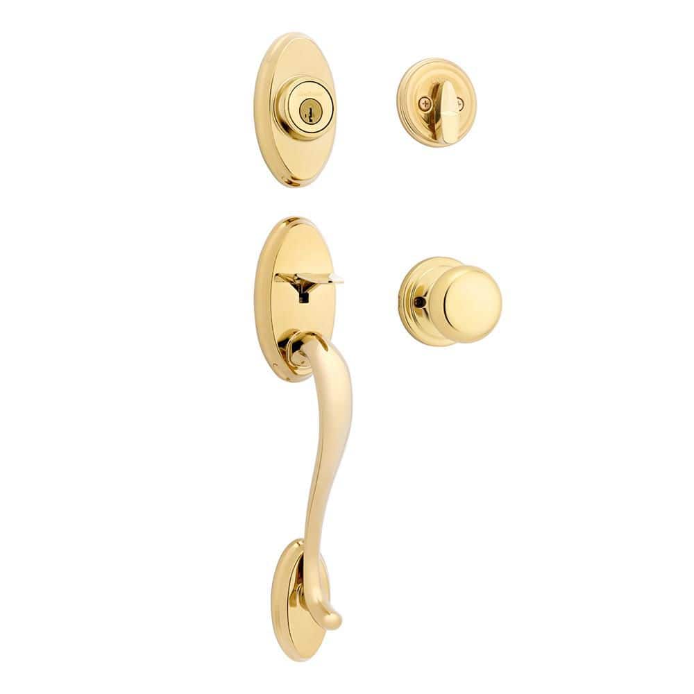 Kwikset Shelburne Polished Brass Single Cylinder Door Handleset with Interior Juno Doorknob featuring SmartKey Security