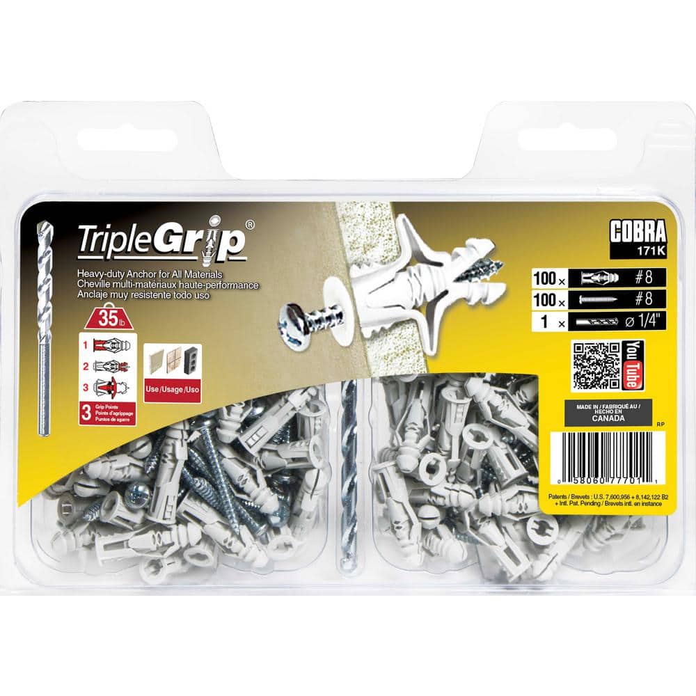 Cobra Anchors #8 1-1/4 Gray Ribbed Anchors with Screws (100-Pack) (2)