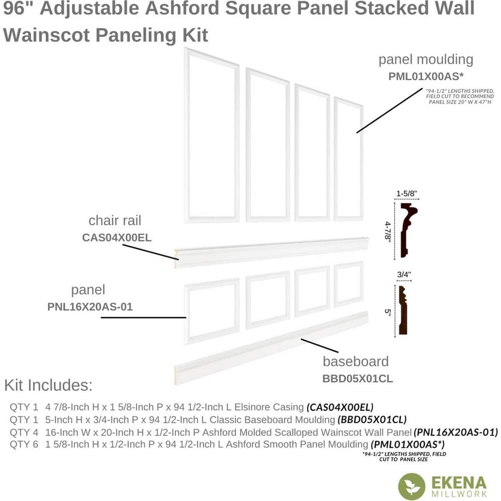 Ekena Millwork 94 1/2 in. (Adjustable 96 in. to 120 in.) 63 sq. ft. Polyurethane Ashford Square Panel Stacked Wall Wainscot Kit Primed (2)