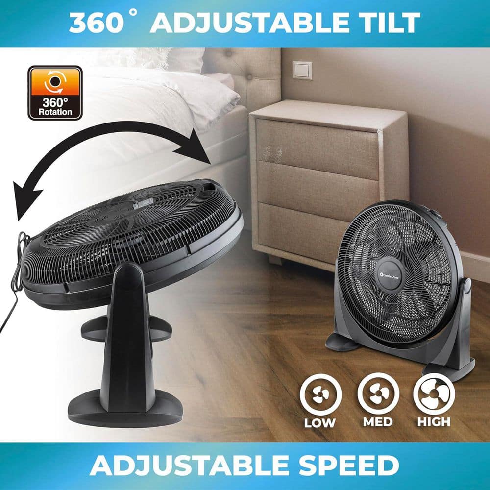 Comfort Zone 20 in. 3-Speed Floor Fan with Adjustable Tilt in Black (3)