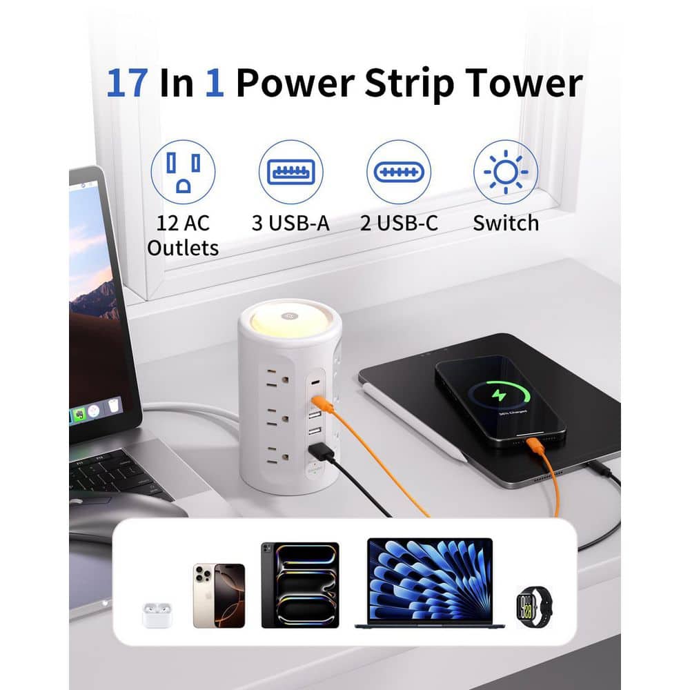 Lukyamzn Power Strip Tower 10 ft. 12-Outlet 5-Ports Surge Protector with Night Light and Space-Saving Vertical 1800J Protection (3)