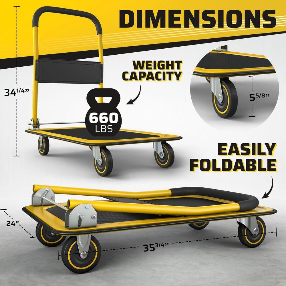 Primehome Heavy-Duty Folding Hand Truck, 660 lb. Capacity Platform Truck, Flat Bed Wagon with Swivel Wheels, Space-Saving (2)