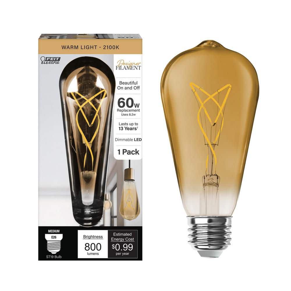 Feit Electric 60-Watt Equivalent ST19 Dimmable Knot Thin Filament Amber Glass E26 Vintage Edison LED Light Bulb Warm White 2100K