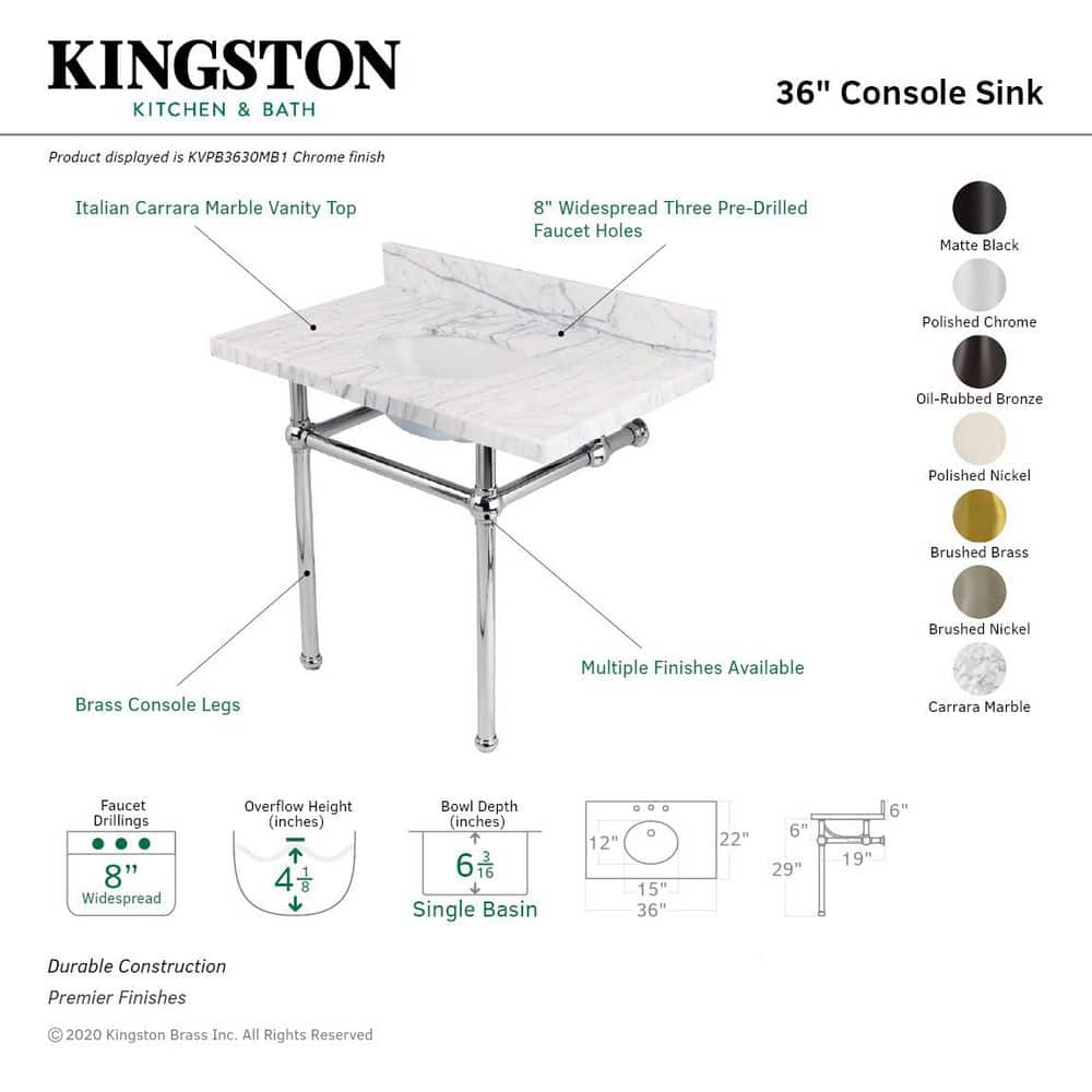 Kingston Brass Templeton 36 in. x 22 in. Console Sink Carrara Marble Vanity with Legs in Brushed Brass (2)
