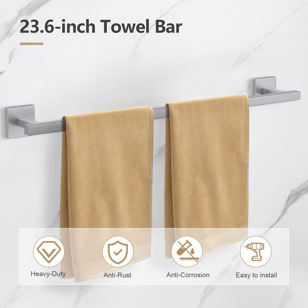 Unbranded 5-Piece Bathroom Hardware Accessories Set with 23.6 in. Towel Bar Toilet Paper Holder Shelf Hooks Brushed Nickel Finish (3)