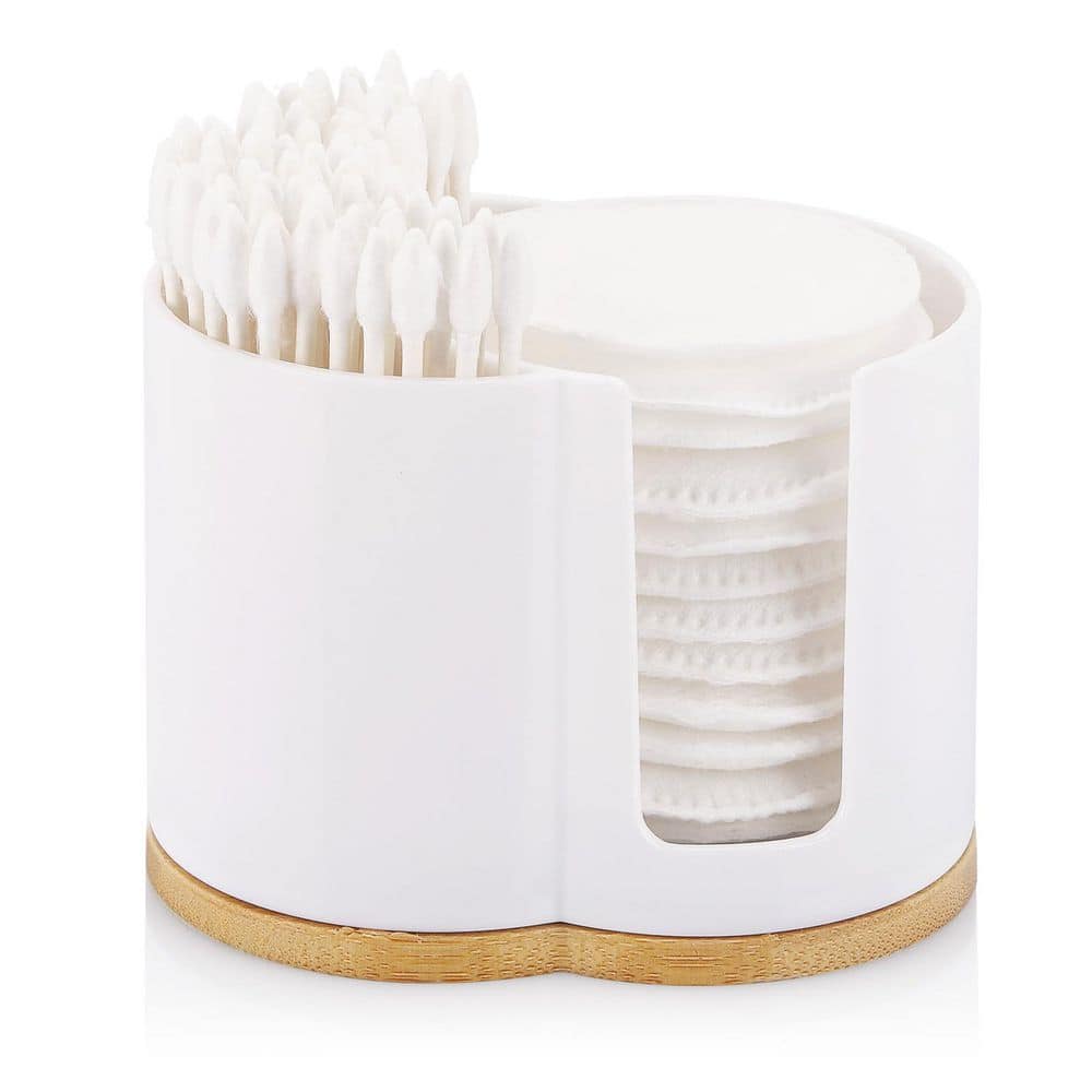 KHKFY 2-Grid Cotton Ball and Swab Dispenser Organizer, Plastic White Bathroom Storage Jar Container for Vanity (1)