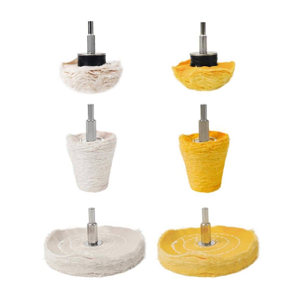 LAIFUCAM 6 Pack Cotton Polishing Wheel Kit with Drill Attachment for Metal Stainless Steel Chrome Plastic Ceramic Glass Polishing (1)