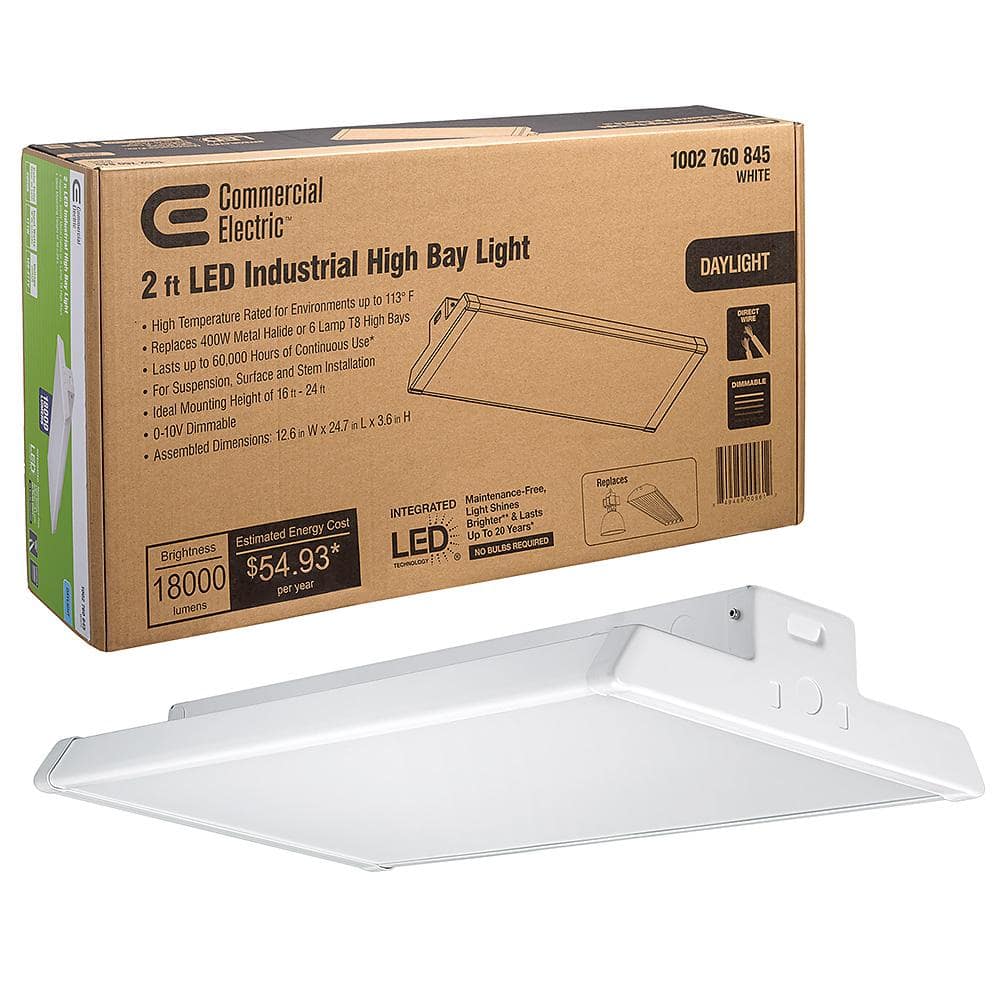Commercial Electric 1-Pack 2 ft. 18000 Lumens 171-Watts Integrated LED High Bay Light 120-277V 5000K Daylight Dimmable Garage Light (2)