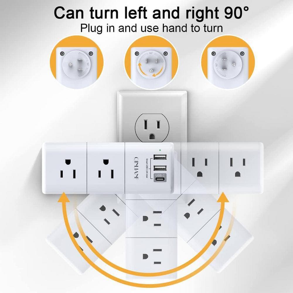Ahfiwaso 6-Outlet Extender Surge Protector with Rotating Plug, 3-Sided Swivel and USB Port in White (3)