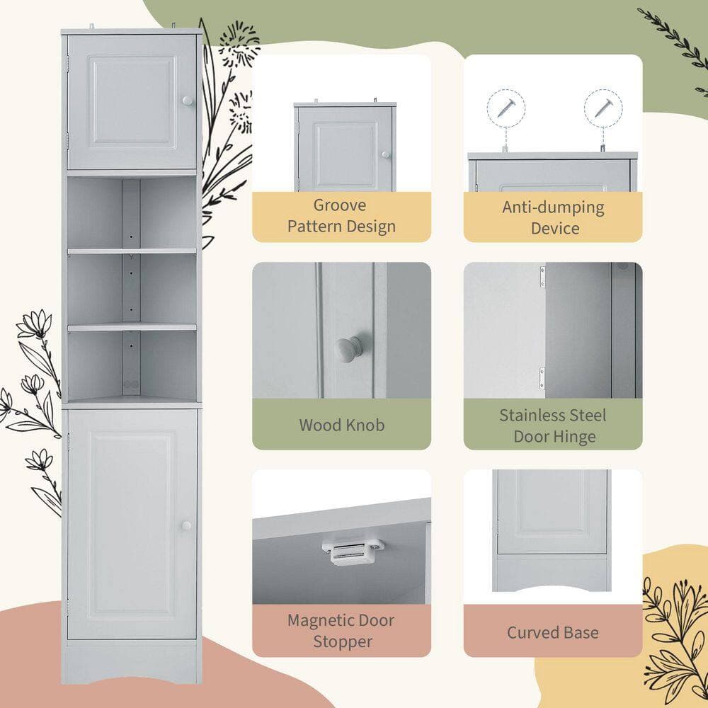 Buruis 14.6 in. W 9.4 in. D 66.9 in. H Multi-Functional Corner Linen Cabinet with Doors and Adjustable Shelves (4)