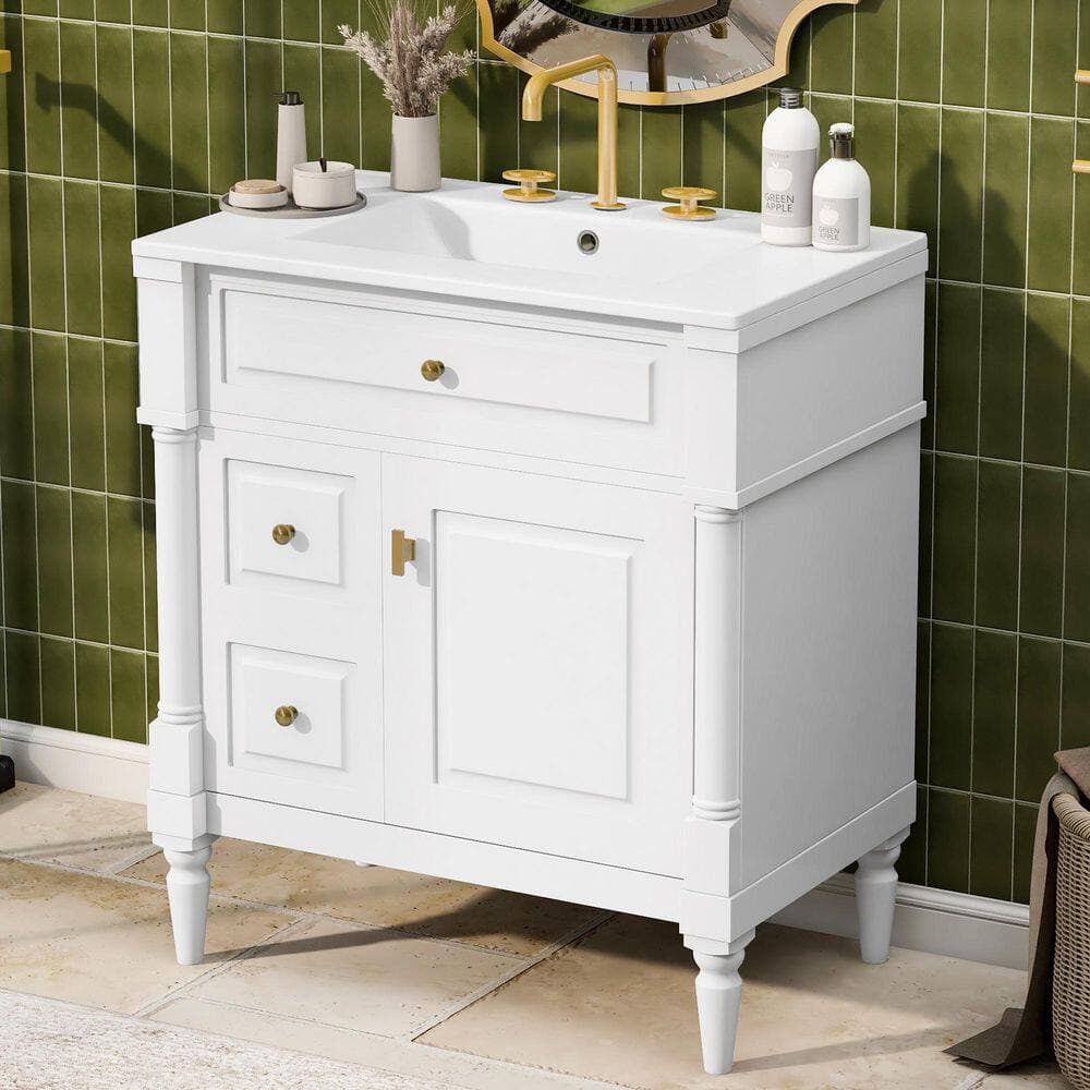 Unbranded Elegant 30 in. White Wood Console Sink, Bathroom Vanity with Ceramic Top, 3-Drawers, Adjustable Shelf, Metal Handles (3)