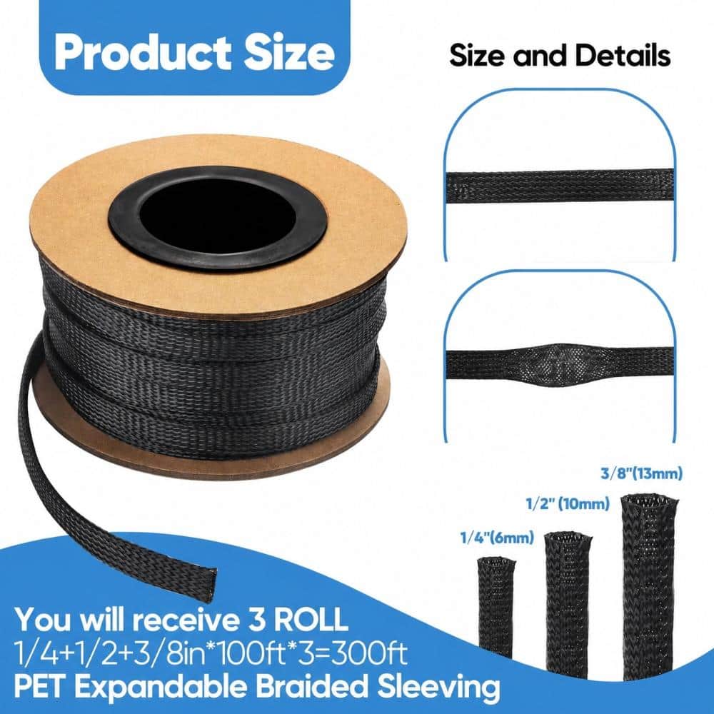 Unbranded 300 ft PET Expandable Wire Loom Sleeving with 1/4 in, 3/8 in and 1/2 in Diameters for Cable Management (3)