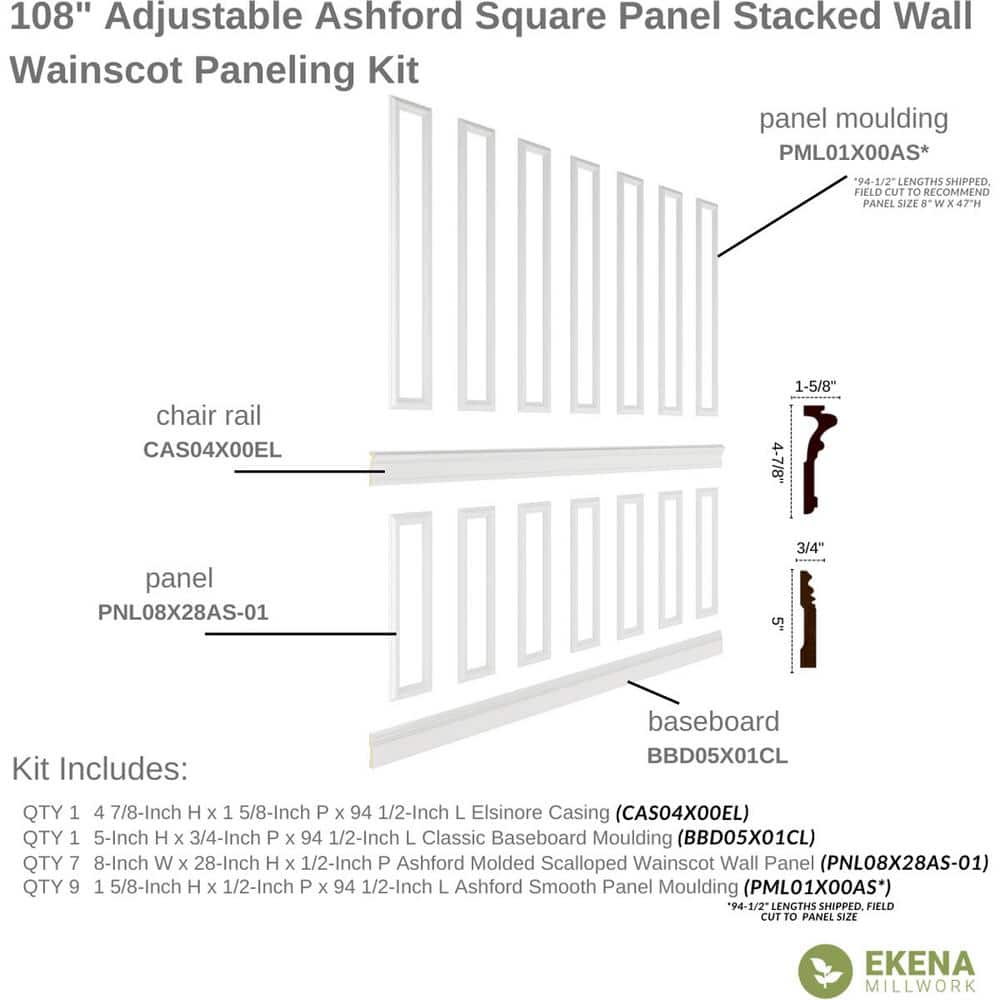 Ekena Millwork 94 1/2 in. (Adjustable 108 in. to 132 in.) 70 sq. ft. Polyurethane Ashford Square Panel Stacked Wall Wainscot Kit Primed (2)