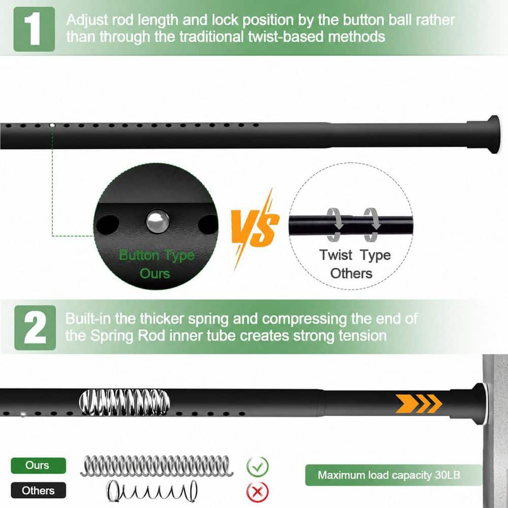 KHKFY Tension Shower Curtain Rod No-Drill Spring Adjustable 43 to 123 in. Heavy-Duty Non-Slip in Matte Black (2)