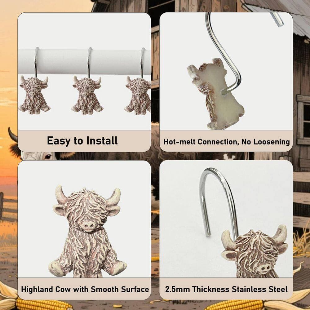 KHKFY 12 Pack Highland Cow Shower Curtain Hooks Resin and Stainless Steel Farmhouse Rings Rust Resistant Unit (3)