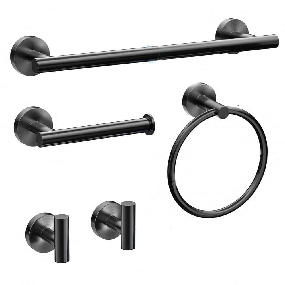 LAIFUCAM 5-Piece Bathroom Hardware Set with Towel Bar, Towel Ring, Towel Hooks, Toilet Paper Holder in Matte Black