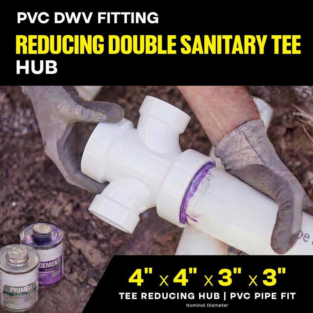 PLUMBFLEX 4" x 4" x 3" x 3" White Rigid PVC DWV Double Sanitary Tee Reducing Hub PVC Drain, Waste & Vent Fitting, (5 Pack) (3)
