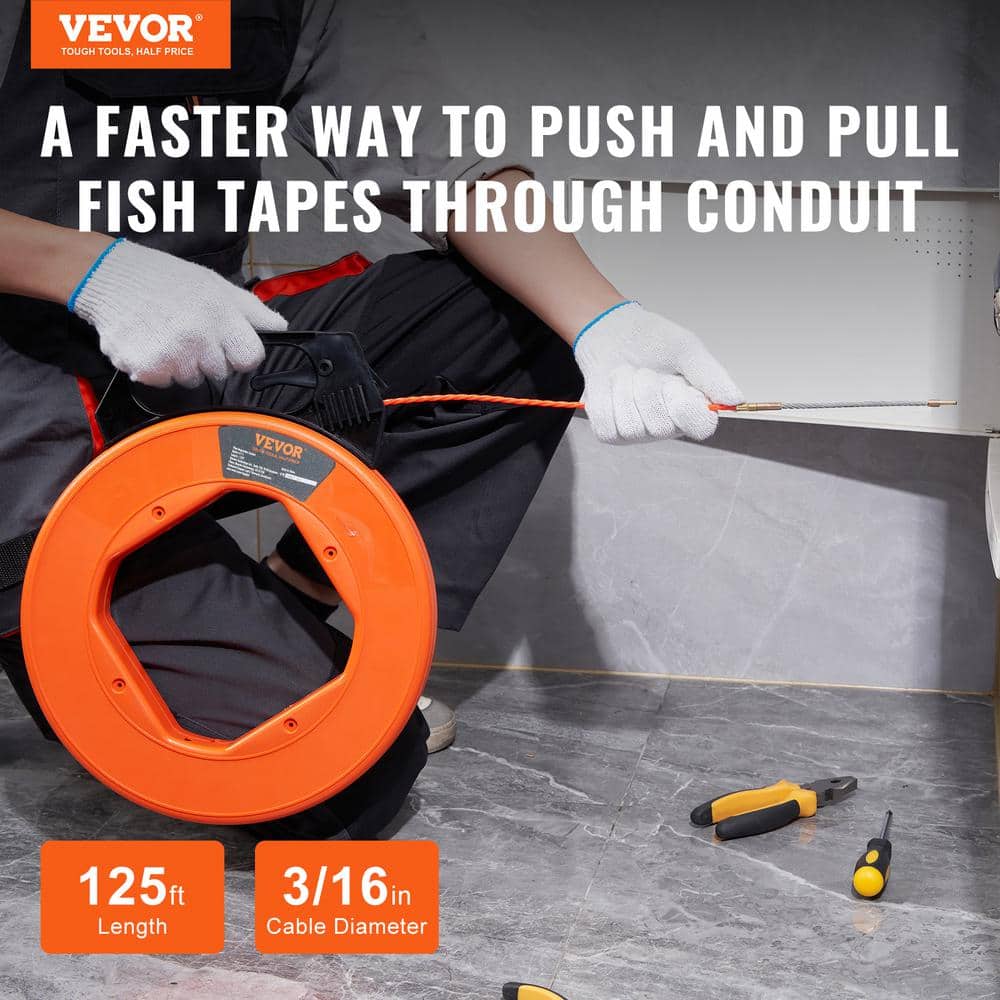 VEVOR Fish Tape 125 ft. 3/16 in. PET Wire Puller Wire Fishing Tool with Handle for Wall Electrical Conduit, Non-Conductive (2)