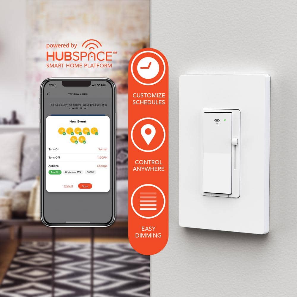 Commercial Electric White Smart Paddle Dimmer for CFL, Halogen, Incandescent, LED, 1-Pack Powered by Hubspace (2)