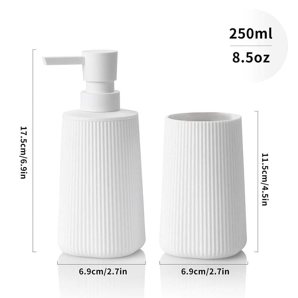 Numhew 2-Piece Bath Accessory Set with Soap Dispenser and Toothbrush Holder in Striped White for Bathroom and Apartment Vanity (2)