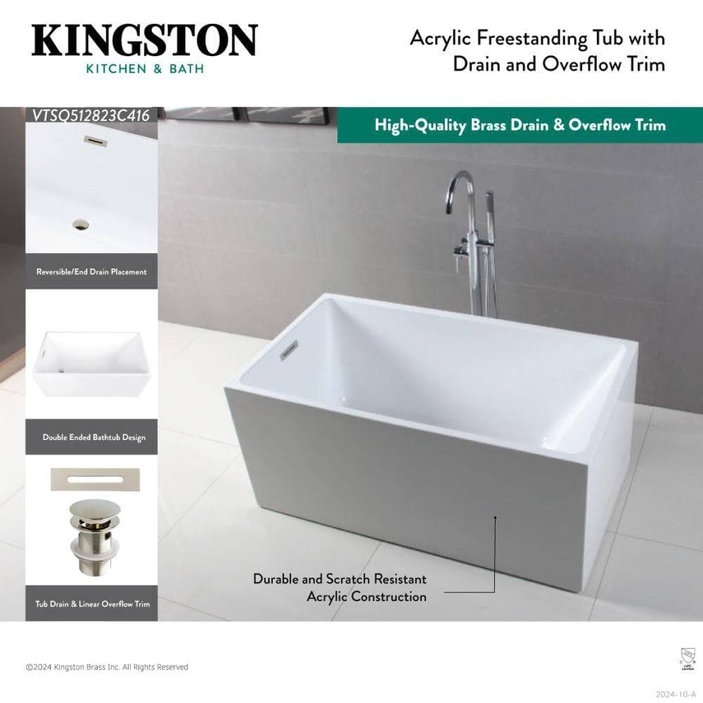 Kingston Brass Aqua Eden 51 in. x 27.6 in. Acrylic Flatbottom Soaking Freestanding Bathtub in Glossy White/Antique Brass with Drain (3)