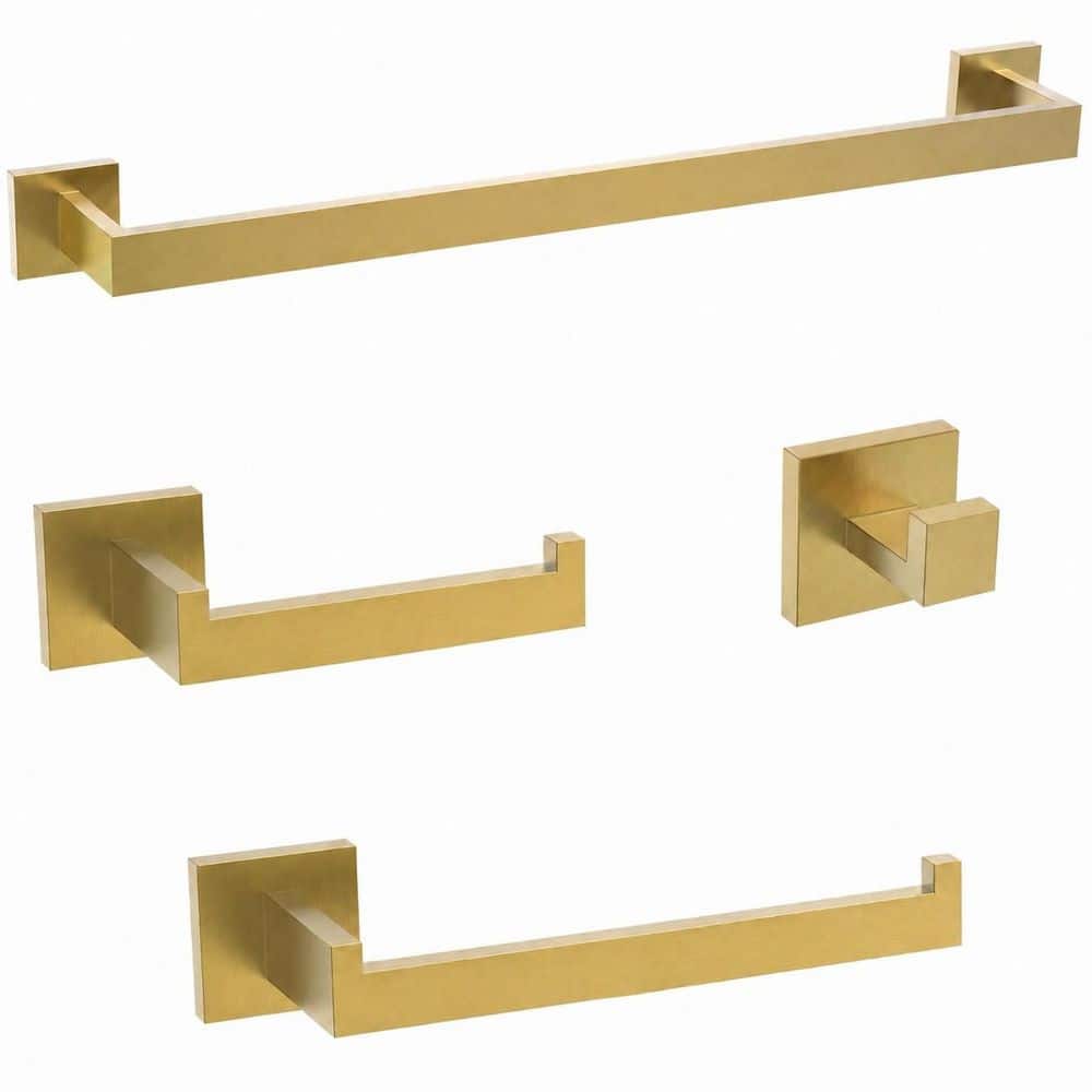 Unbranded 4-Piece Brushed Gold SUS304 Stainless Steel Bathroom Hardware 23.6 in. Towel Bar Set Wall Mounted Square Install
