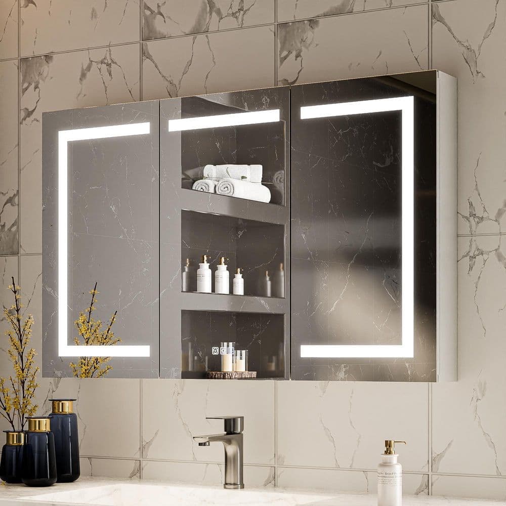 Eoviamne 48 in. W x 30 in. H Rectangular Aluminum Medicine Cabinet with Mirror, Dimmable, Defogger, Outlet and USB, Soft-Close