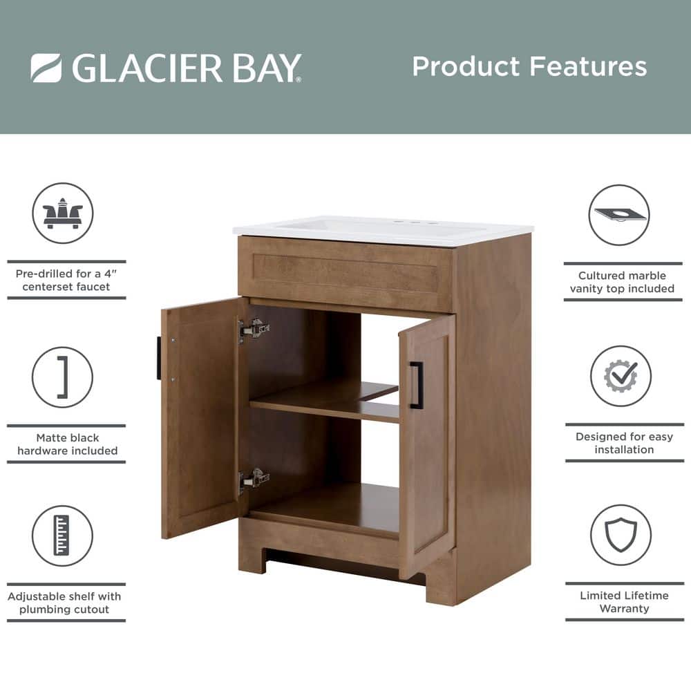 Glacier Bay Lyton 25 in. Single Sink Sand Freestanding Bath Vanity with White Cultured Marble Top (Assembled) (4)