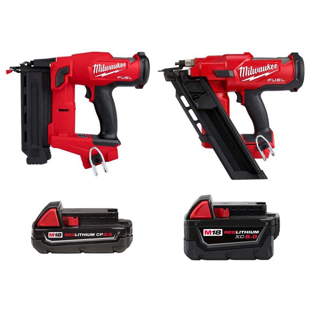 Milwaukee M18 FUEL Cordless 18-Gauge Brad Nailer, M18 3-1/2 in 30-Degree Framing Nailer, M18 2.0 Ah Battery, M18 5.0 Ah XC Battery (1)