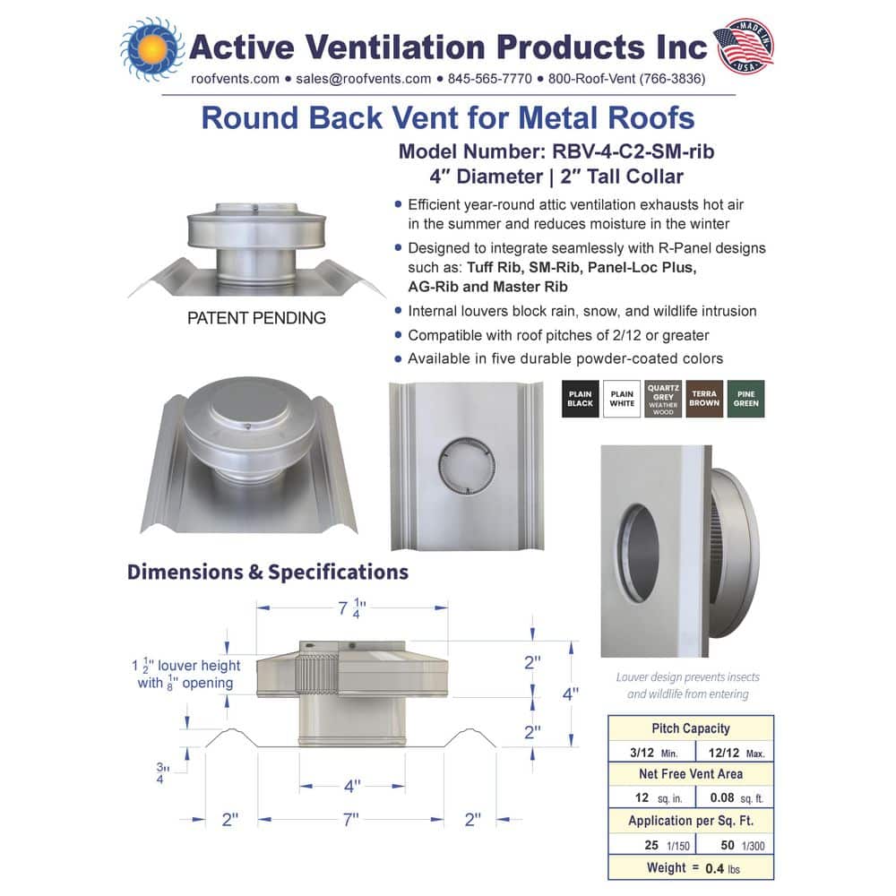 Active Ventilation SM-rib Aluminum Static Roof Vent 4 in. Dia. NFA 12 sq. in. 2 in. Collar Aluminum Mill Finish (2)